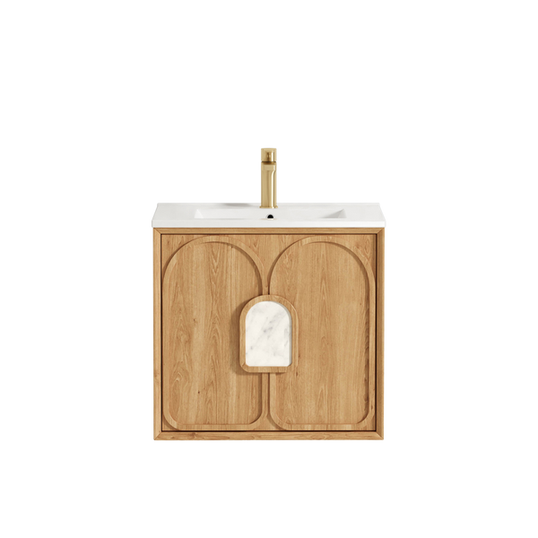 Otti Laguna Mark II 600mm Woodland Oak Wall Hung Vanity with Natural Carrara Top and Undermount Basin