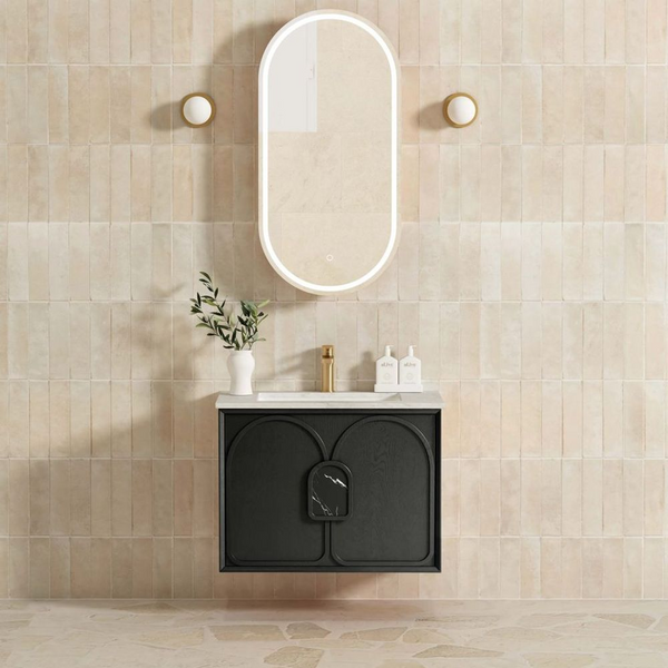 Otti Laguna Mark II 750mm Black Oak Wall Hung Vanity with Natural Carrara Top and Undermount Basin