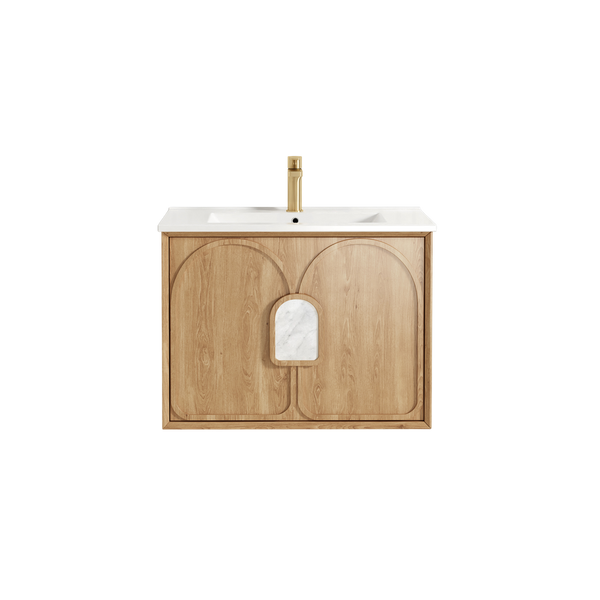 Otti Laguna Mark II 750mm Woodland Oak Wall Hung Vanity with Natural Carrara Top and Undermount Basin