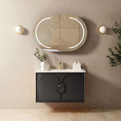 Otti Laguna Mark II 900mm Black Oak Wall Hung Vanity with Natural Carrara Top and Undermount Basin