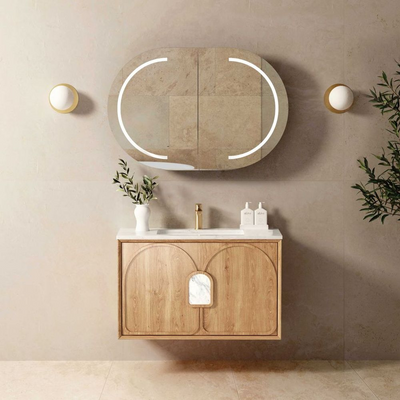 Otti Laguna Mark II 900mm Woodland Oak Wall Hung Vanity with Natural Carrara Top and Undermount Basin