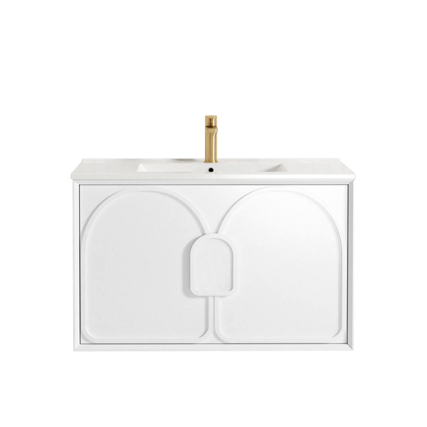 Otti Laguna Mark II 900mm Matte White Wall Hung Vanity with Natural Carrara Top and Undermount Basin