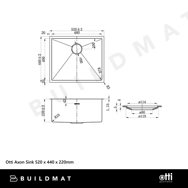Otti Axon Sink 520x440mm Stainless Steel