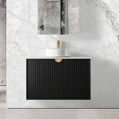 Otti Marlo 900mm Matte Black Wall Hung Vanity with Natural Carrara Marble Top and Undermount Basin