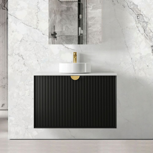 Otti Marlo 900mm Matte Black Wall Hung Vanity with Natural Carrara Marble Top and Undermount Basin