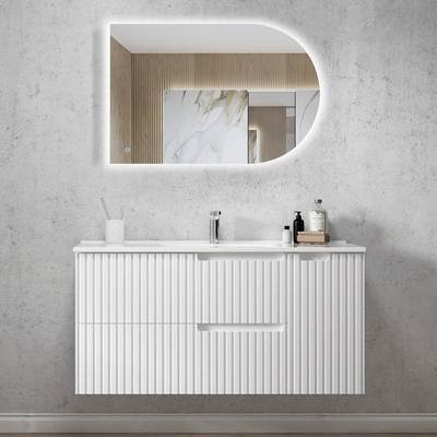 Otti Noosa 1200mm Satin White Wall Hung Vanity with Natural Carrara Marble Top and Undermount Basin