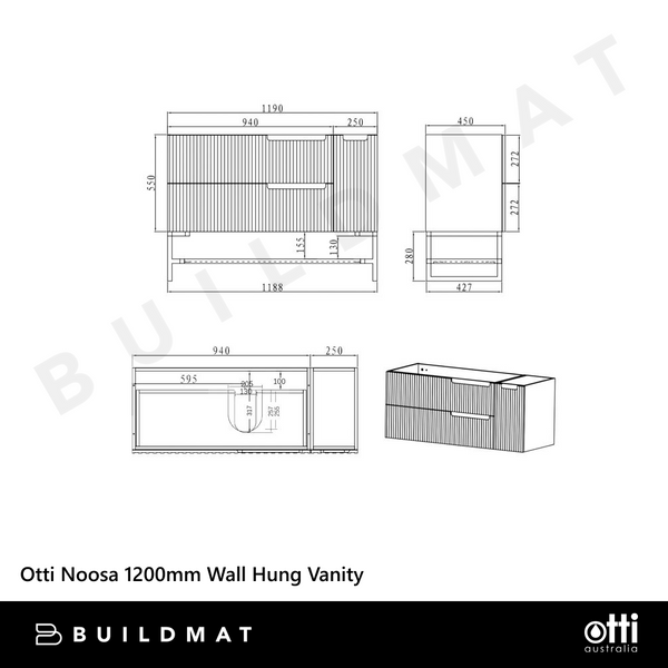 Otti Noosa 1200mm Satin White Wall Hung Vanity with Natural Carrara Marble Top and Undermount Basin