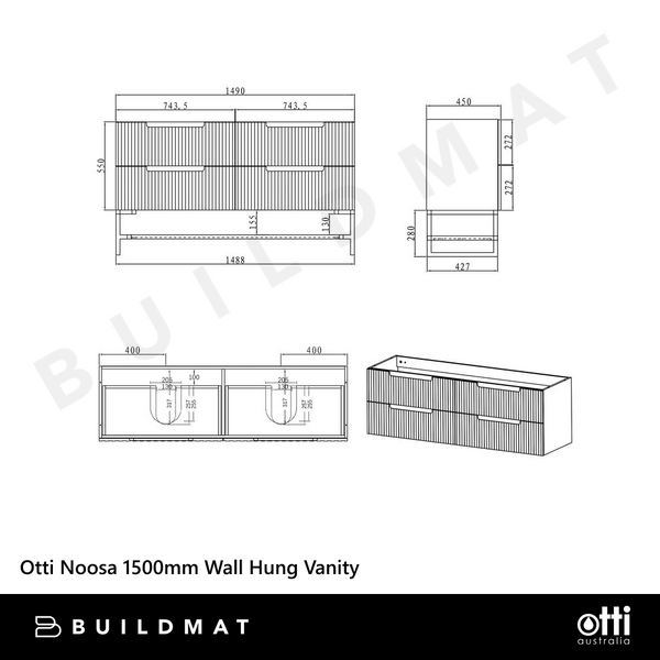 Otti Noosa 1500mm Satin White Wall Hung Vanity