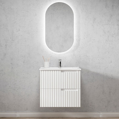 Otti Noosa 600mm Satin White Wall Hung Vanity with Natural Carrara Marble Top and Undermount Basin