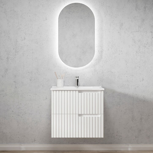 Otti Noosa 600mm Satin White Wall Hung Vanity with Natural Carrara Marble Top and Undermount Basin