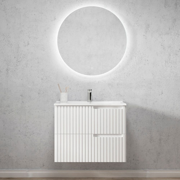 Otti Noosa 750mm Satin White Wall Hung Vanity with Natural Carrara Marble Top and Undermount Basin