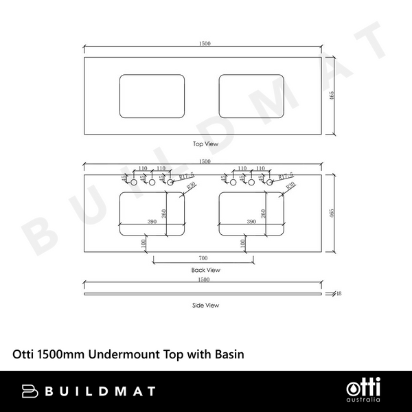 Otti Noosa 1500mm Satin White Wall Hung Vanity with Natural Carrara Marble Top and Double Bowl Undermount Basin