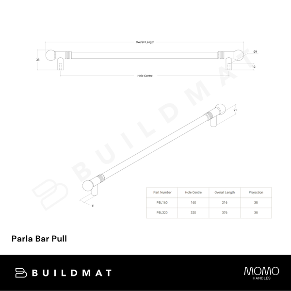 Momo Handles Parla Bar Pull 160mm Dull Brushed Nickel