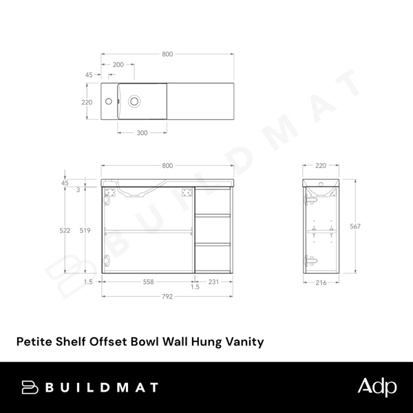 ADP Petite Shelf Right Offset Bowl Wall Hung Vanity