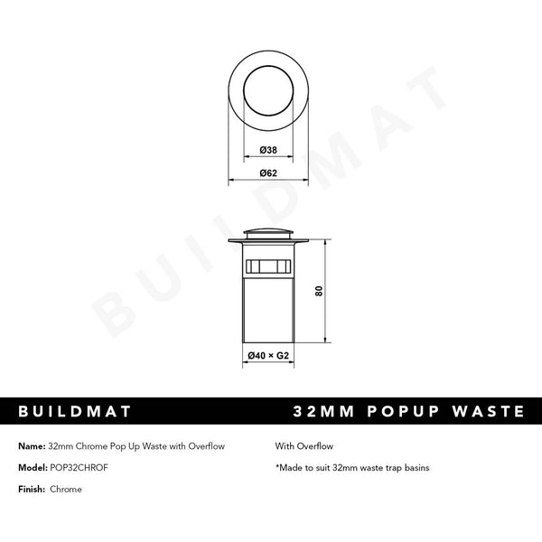 Alma 32mm Chrome Pop Up Waste with Overflow