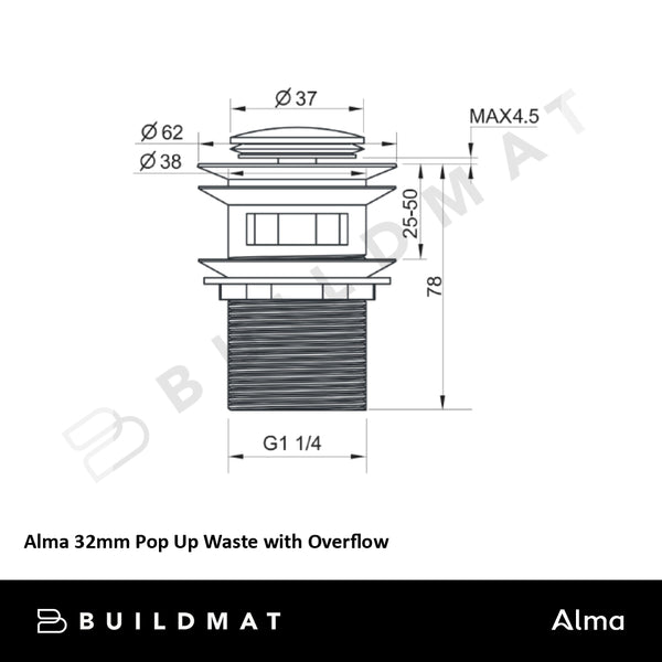 Alma 32mm Brass Gold Pop Up Waste with Overflow