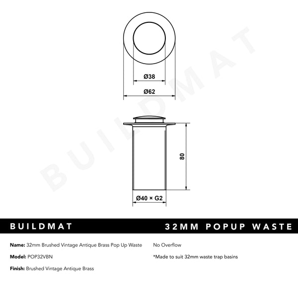 Alma 32mm Brushed Vintage Antique Brass Pop Up Waste