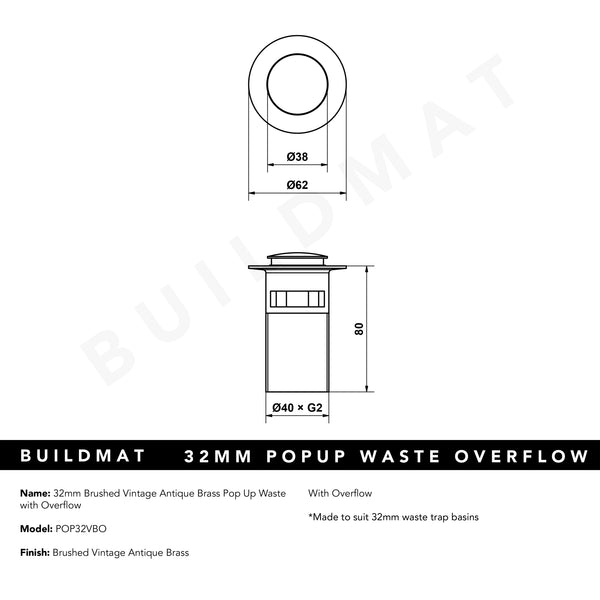 Alma 32mm Brushed Vintage Antique Brass Pop Up Waste with Overflow