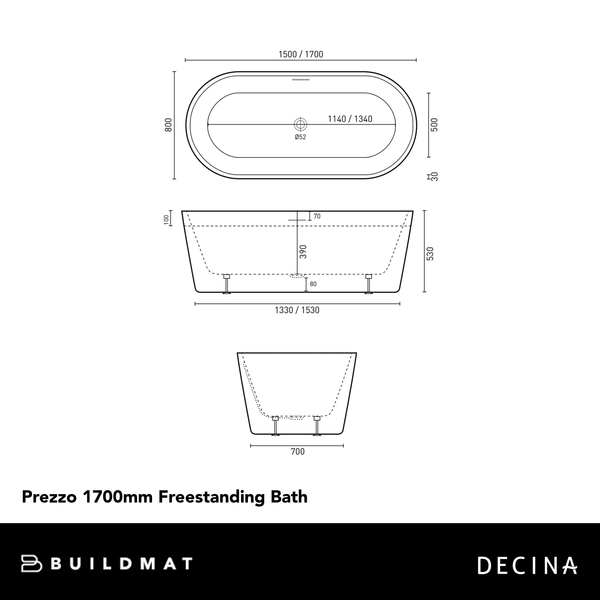 Decina Prezzo 1700mm Freestanding Bath with Integrated Overflow Gloss White