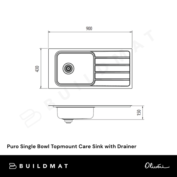 Oliveri Puro Single Bowl Topmount Care Sink with Drainer Stainless Steel