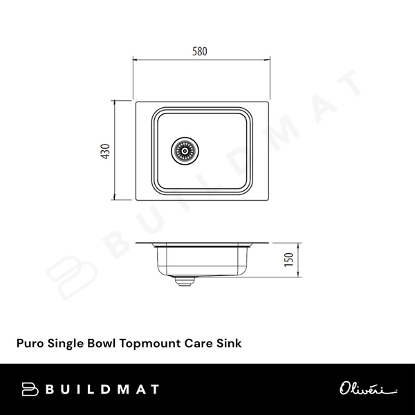 Oliveri Puro Single Bowl Topmount Care Sink Stainless Steel