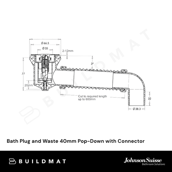 Johnson Suisse Bath Plug and Waste 40mm Pop-Down with Connector Matte Black