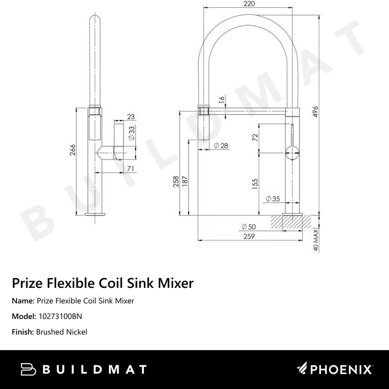 Phoenix Prize Flexible Coil Sink Mixer 220mm Brushed Nickel Buildmat