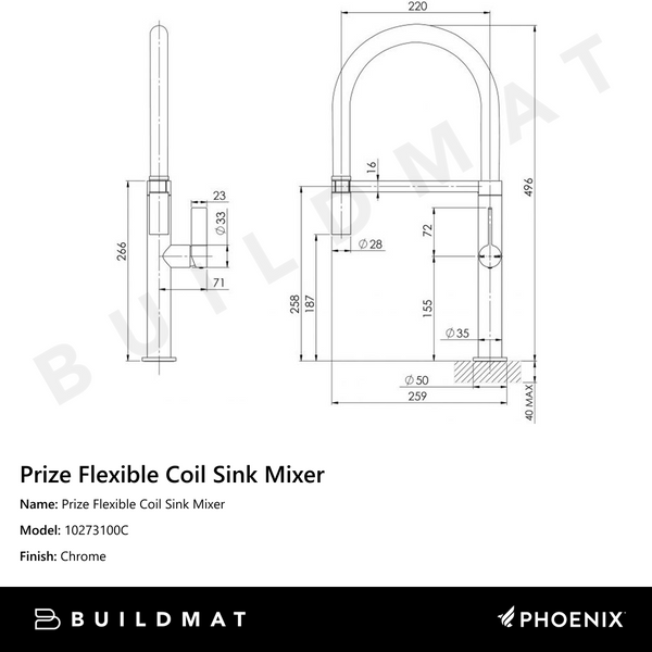 Phoenix Prize Flexible Coil Sink Mixer 220mm Chrome