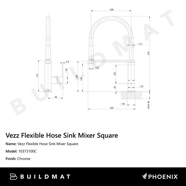 Phoenix Vezz Flexible Hose Sink Mixer Square 210mm Chrome