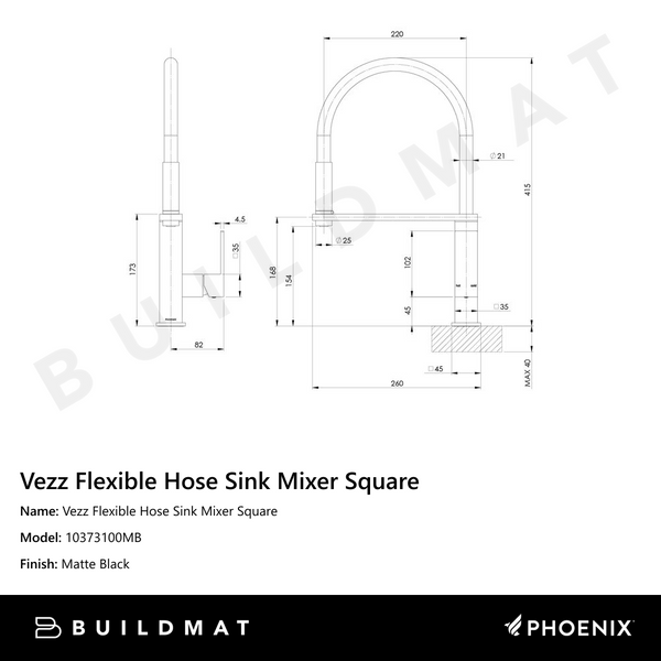Phoenix Vezz Flexible Hose Sink Mixer Square 210mm Matte Black