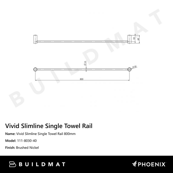 Phoenix Vivid Slimline Single Towel Rail 800mm Brushed Nickel