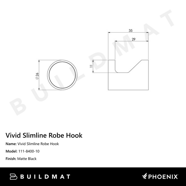 Phoenix Vivid Slimline Robe Hook Matte Black
