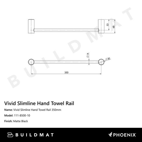 Phoenix Vivid Slimline Hand Towel Rail 350mm Matte Black