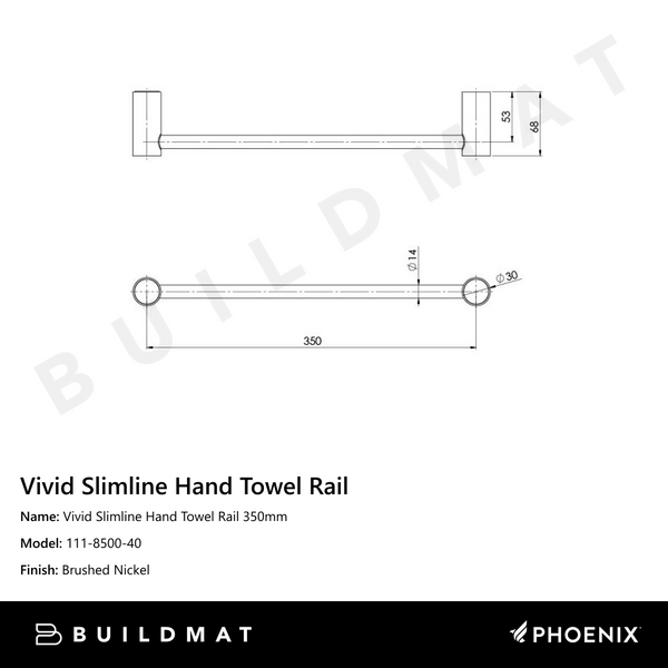 Phoenix Vivid Slimline Hand Towel Rail 350mm Brushed Nickel