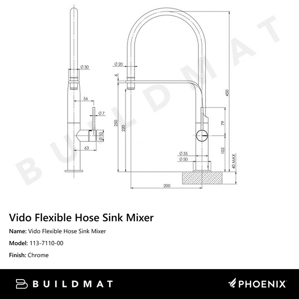 Phoenix Vido Flexible Hose Sink Mixer 200mm Chrome