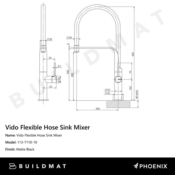 Phoenix Vido Flexible Hose Sink Mixer 200mm Matte Black