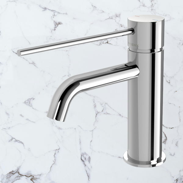 Phoenix Vivid Slimline Basin Mixer Curved Outlet with Extended Lever Lead Free Chrome