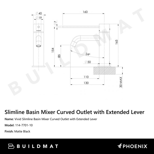 Phoenix Vivid Slimline Basin Mixer Curved Outlet with Extended Lever  Matte Black