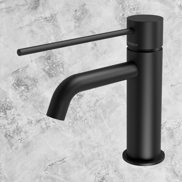 Phoenix Vivid Slimline Basin Mixer Curved Outlet with Extended Lever Matte Black