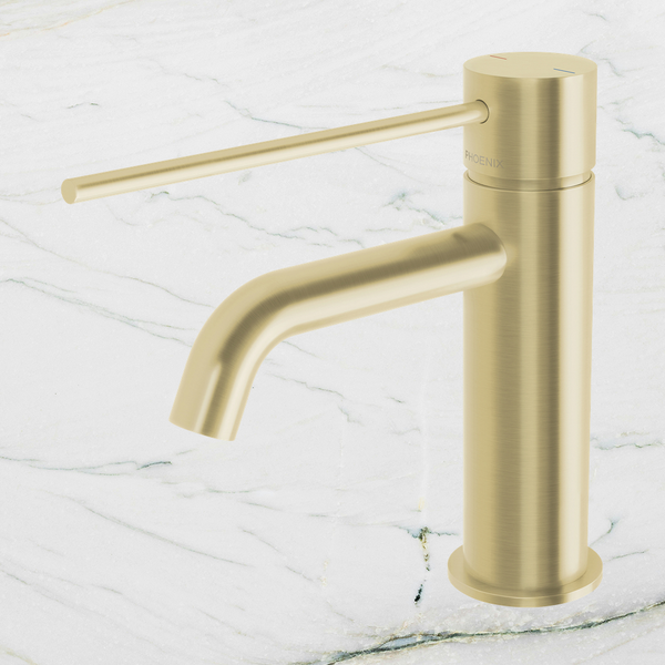 Phoenix Vivid Slimline Basin Mixer Curved Outlet with Extended Lever Brushed Gold