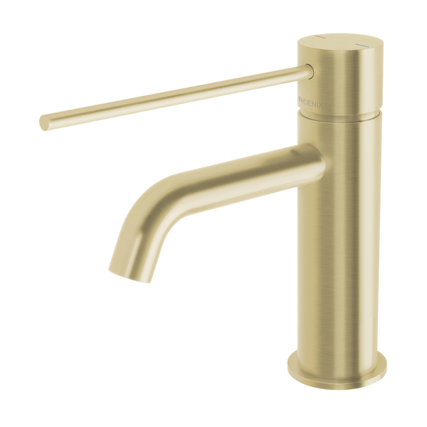 Phoenix Vivid Slimline Basin Mixer Curved Outlet with Extended Lever  Brushed Gold