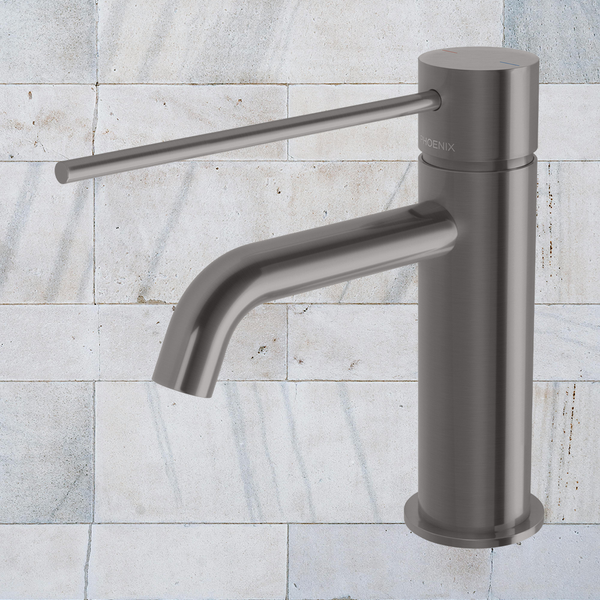 Phoenix Vivid Slimline Basin Mixer Curved Outlet with Extended Lever Brushed Carbon Lead Free