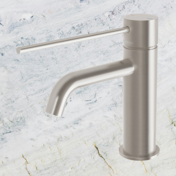 Phoenix Vivid Slimline Basin Mixer Curved Outlet with Extended Lever Brushed Nickel