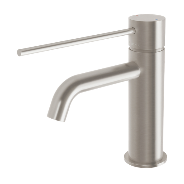 Phoenix Vivid Slimline Basin Mixer Curved Outlet with Extended Lever  Brushed Nickel