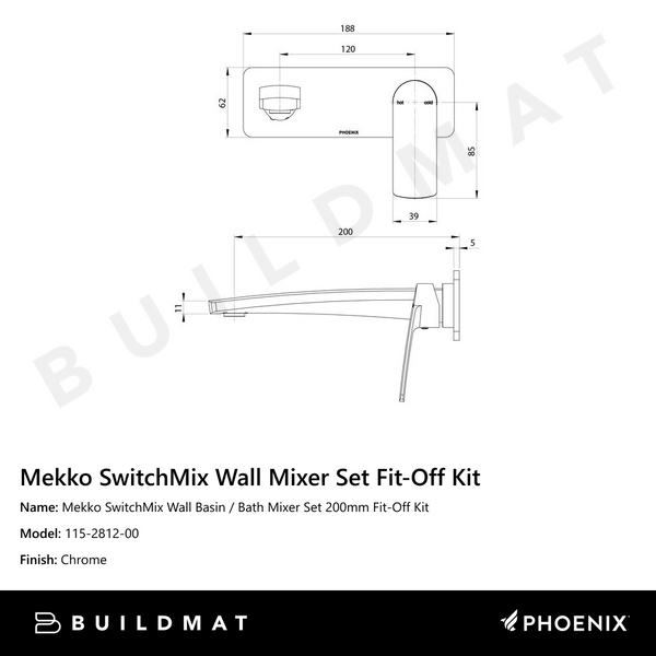 Phoenix Mekko SwitchMix Wall Basin / Bath Mixer Set 200mm Fit-Off Kit Chrome