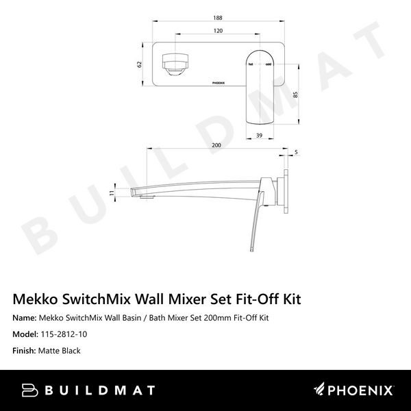 Phoenix Mekko SwitchMix Wall Basin / Bath Mixer Set 200mm Fit-Off Kit Matte Black