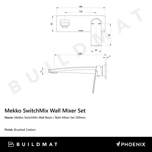 Phoenix Mekko SwitchMix Wall Basin / Bath Mixer Set 200mm Fit-Off Kit Brushed Carbon