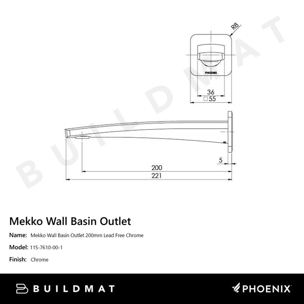 Phoenix Mekko Wall Basin Outlet 200mm Lead Free Chrome