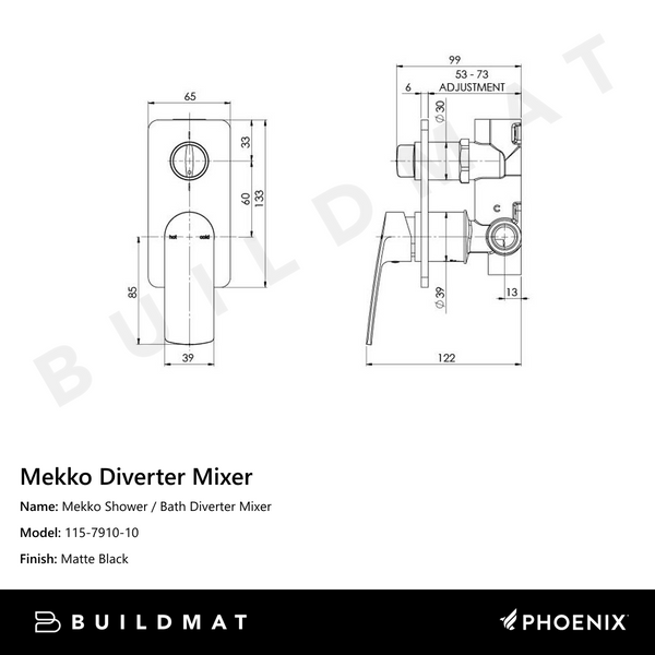 Phoenix Mekko Shower / Bath Diverter Mixer Matte Black