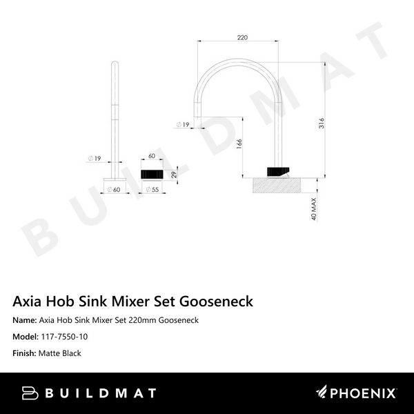 Phoenix Axia Hob Sink Mixer Set 220mm Gooseneck Matte Black